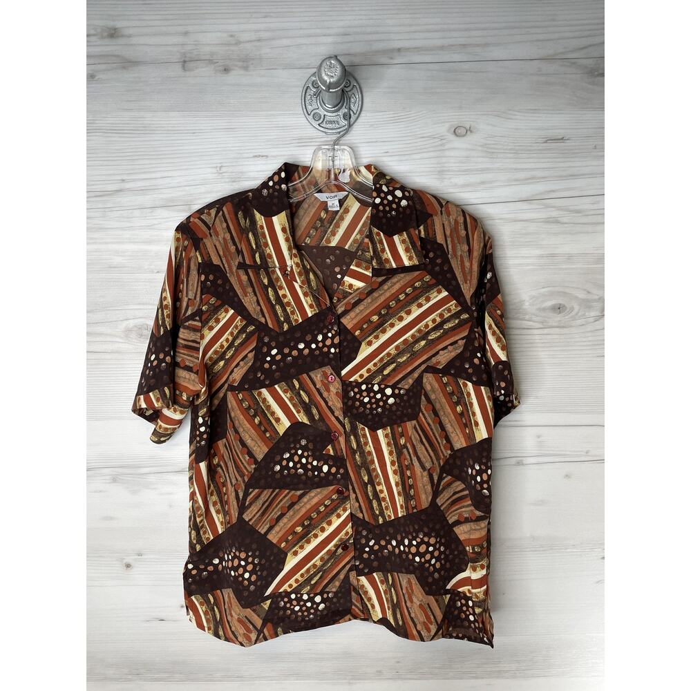 VOIR Shirt Womens‎ Medium Brown Short Sleeve Button Up Camp Abstract Geometric